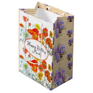 Orange Poppy floral flower Watercolor Womans Name Medium Gift Bag