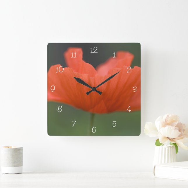 Orange Poppy Flower in Green Garden Square Wall Clock (Home)