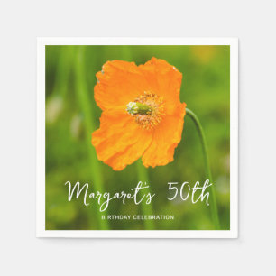 Orange Poppy Flower On Green 50th Birthday Party Napkin