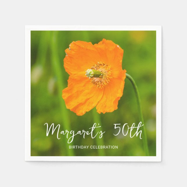 Orange Poppy Flower On Green 50th Birthday Party Napkin (Front)