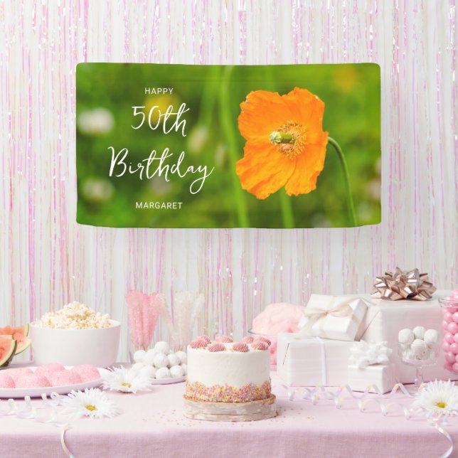 Orange Poppy Flower On Green Happy 50th Birthday Banner (Party)