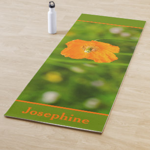 Orange Poppy Flower On Green With Custom Name Yoga Mat