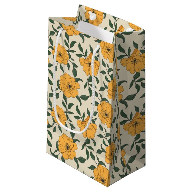 Orange Poppy Flower Pattern Small Gift Bag (Front Angled)