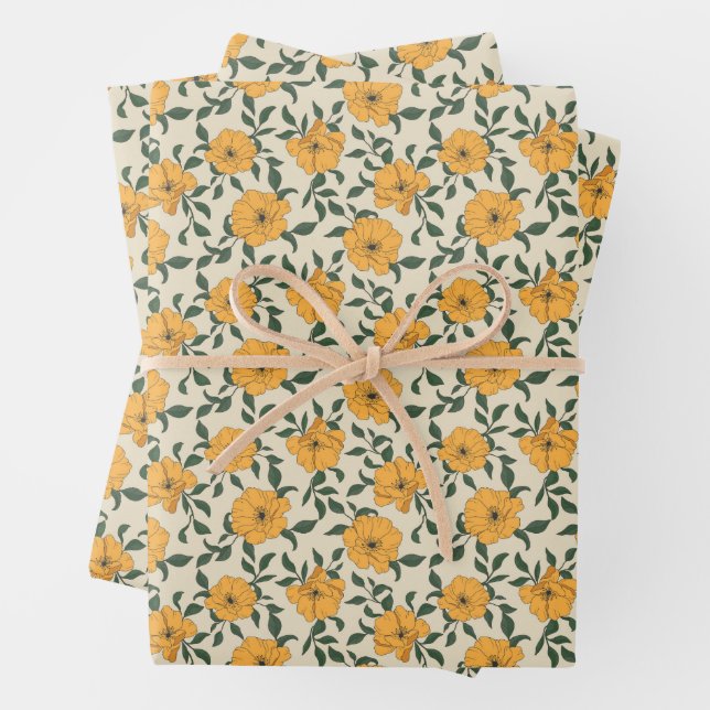 Orange Poppy Flower Pattern Wrapping Paper Sheet (In situ)