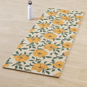 Orange Poppy Flower Pattern Yoga Mat