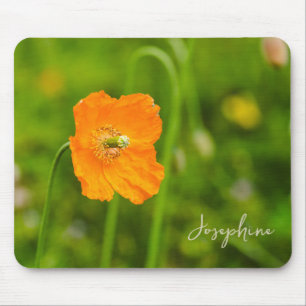 Orange Poppy Flower Photo With Custom Name Mouse Mat