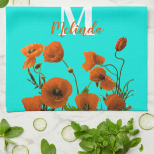 Orange Poppy Flowers Floral Monogram Initial Name Tea Towel