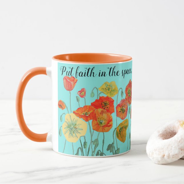 Orange Poppy Flowers 'Put Faith in the Space' Aqua Mug (With Donut)