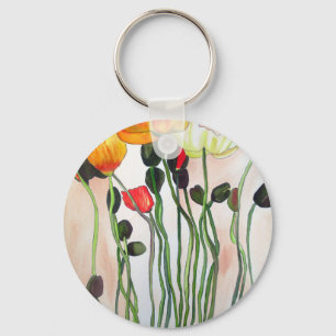 Orange Poppy flowers watercolor art Key Ring