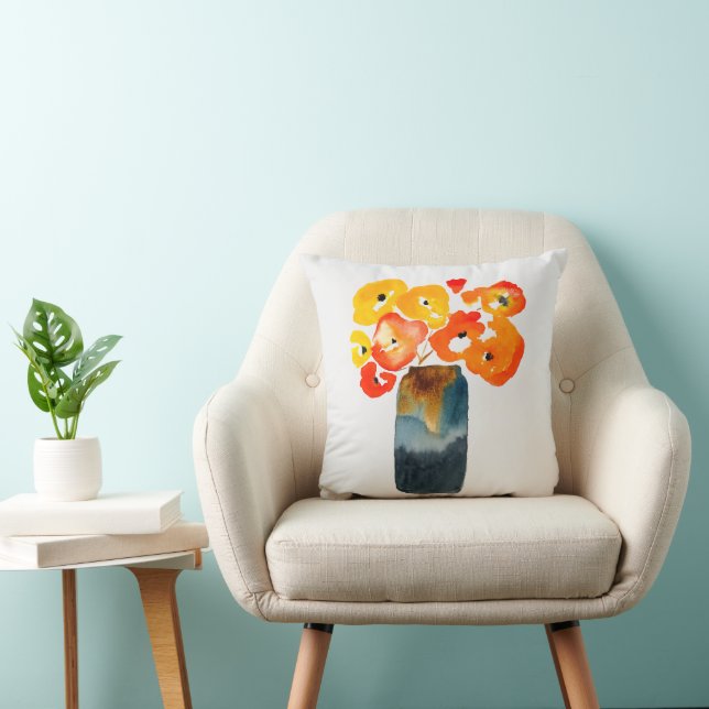 Orange poppy flowers watercolor cushion (Chair)