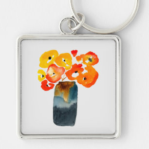 Orange poppy flowers watercolor key ring