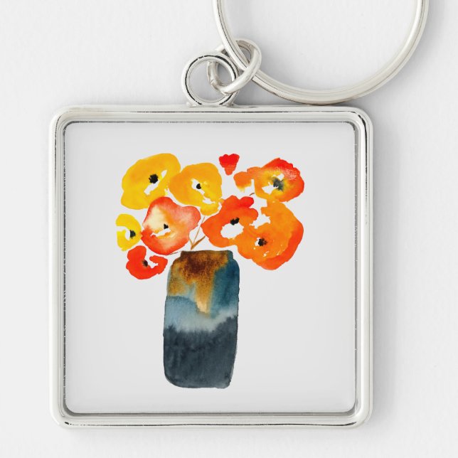 Orange poppy flowers watercolor key ring (Front)
