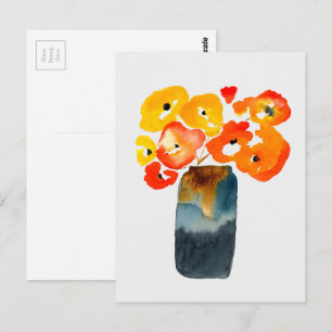 Orange poppy flowers watercolor postcard