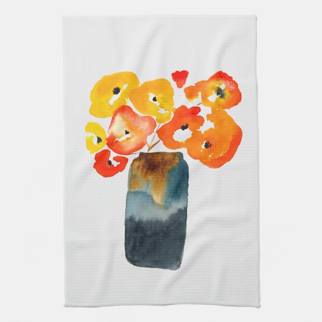 Orange poppy flowers watercolor tea towel (Vertical)