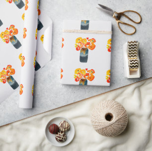Orange poppy flowers watercolor wrapping paper