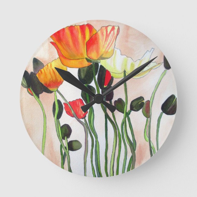 Orange Poppy flowers watercolour painting Round Clock (Front)