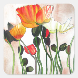 Orange Poppy flowers watercolour painting Square Sticker