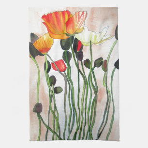 Orange Poppy flowers watercolour painting Tea Towel