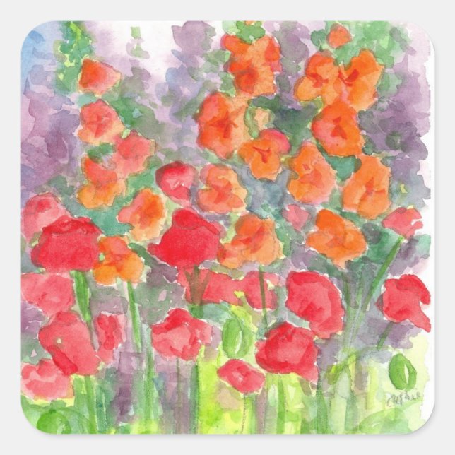 Orange Poppy Gladiola Flower Watercolor Garden Square Sticker (Front)