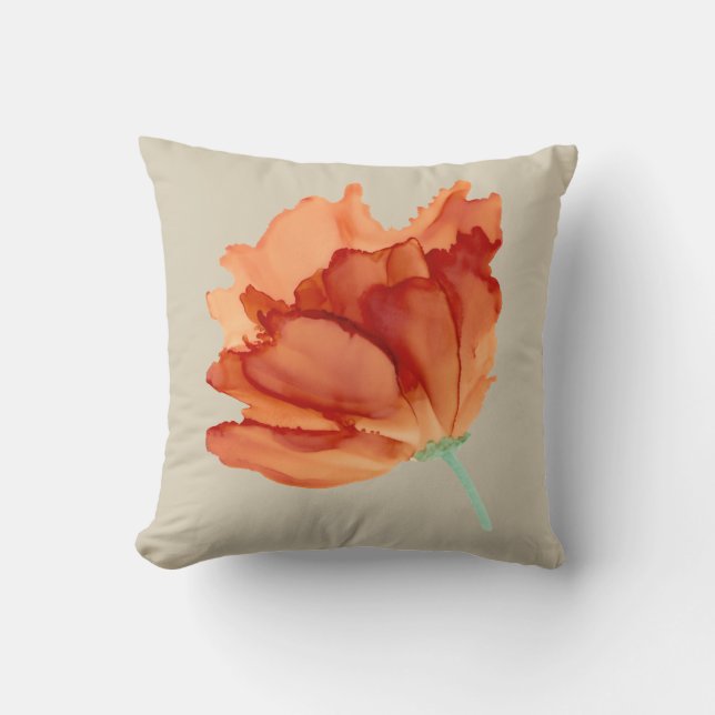 Orange poppy hand painted floral-natural cushion (Front)