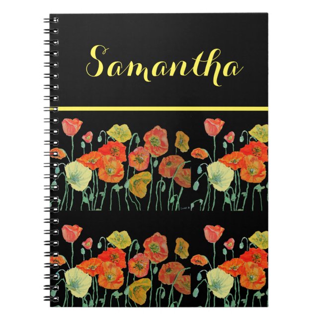 Orange Poppy Poppies Floral Flowers Black Notebook (Front)