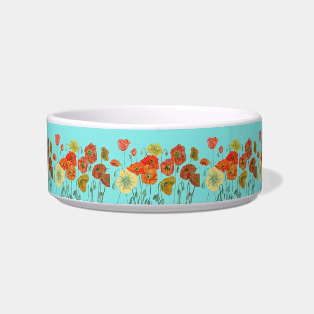 Orange Poppy pretty flowers aqua floral Pet Drink Bowl (Front)