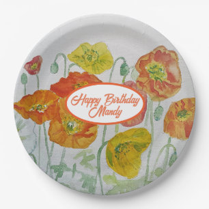 Orange Poppy Rose Flower Pattern Paper Party Plate