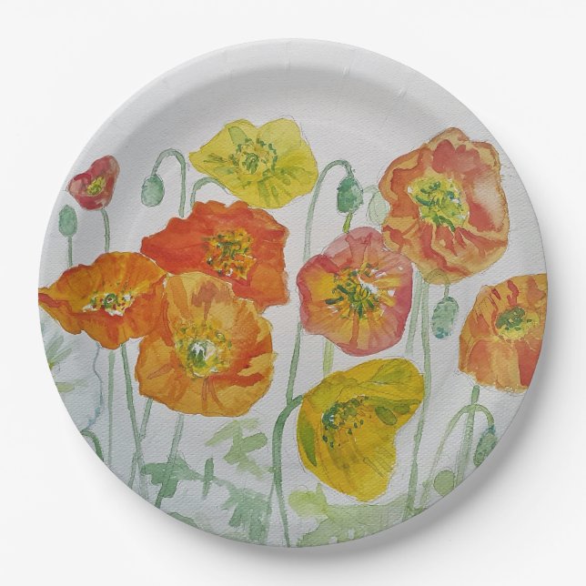Orange Poppy Rose Flower Pattern Paper Party Plate (Front)