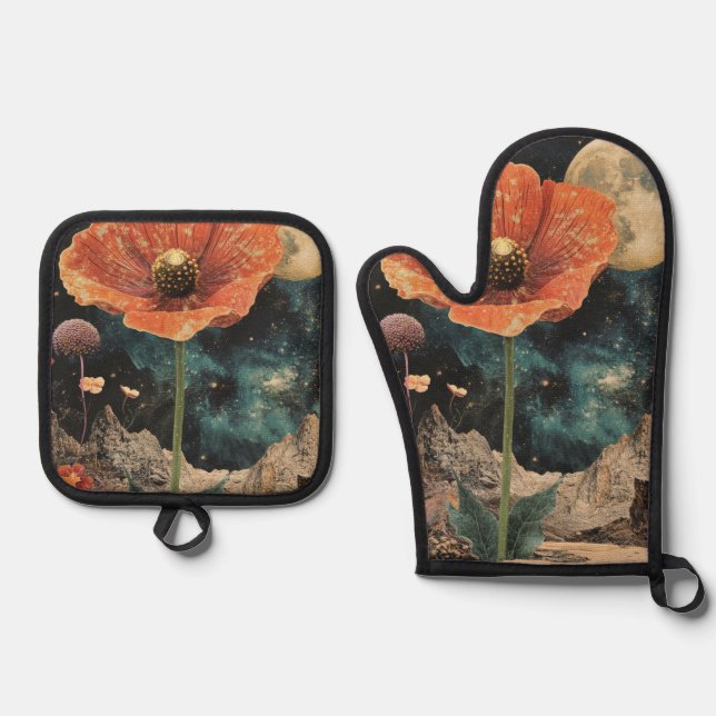 Orange Poppy Under Moonlight Oven Mitt & Pot Holder Set (Front)