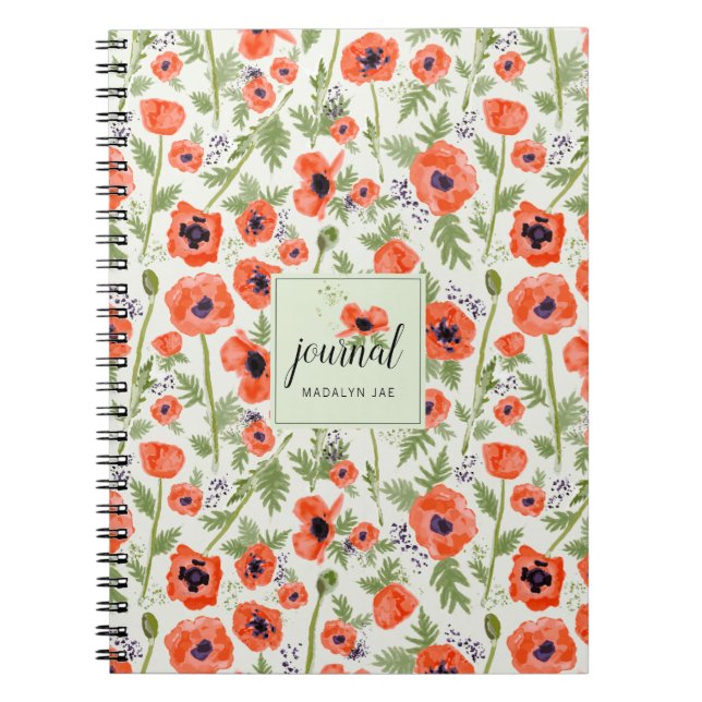 Orange Poppy Watercolor Floral Pattern Name Notebook (Front)