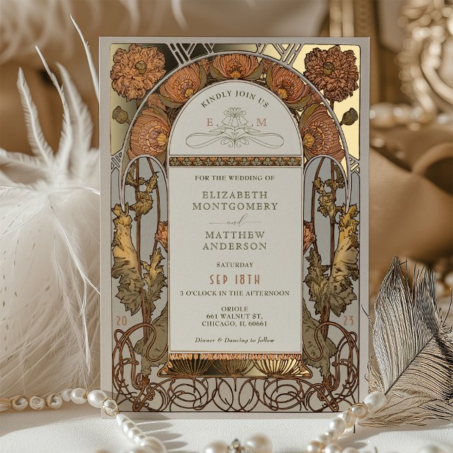 Orange Poppy Wedding Foil Art Nouveau Mucha (Creator Uploaded)