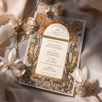 Orange Poppy Wedding Invitations Art Nouveau Mucha