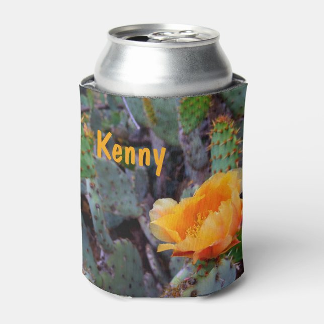 Orange prickly pear opuntia cactus flower photo can cooler (Can Front)