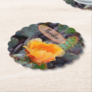 Orange Prickly Pear Opuntia Cactus Flower Photo Paper Coaster
