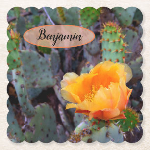 Orange Prickly Pear Opuntia Cactus Flower Photo Paper Coaster