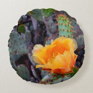 Orange prickly pear opuntia cactus flower photo round cushion