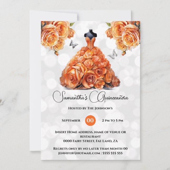 Orange princess Quinceañera fantasy ballgown roses Invitation (Front)