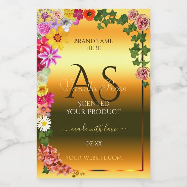 Orange Product Label Colourful Flowers and Initial (Single Label)