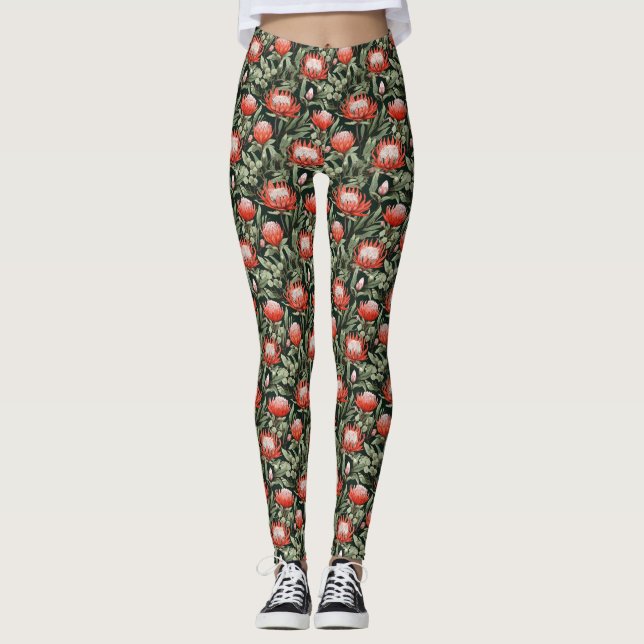 Orange Protea Floral All-Over-Print Leggings (Front)