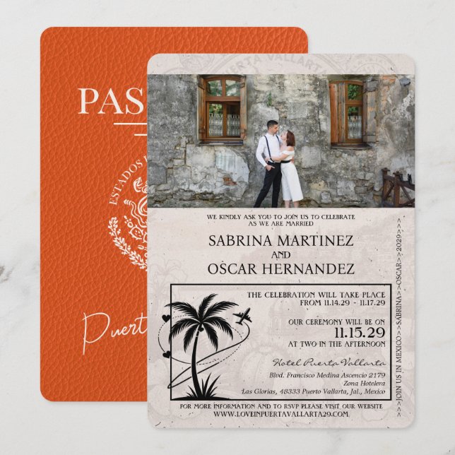 Orange Puerta Vallarta Passport Wedding Invitation (Front/Back)