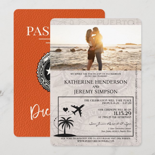 Orange Puerto Rico Passport Wedding Invitation (Front/Back)
