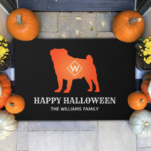 Orange Pug Happy Halloween Custom Family Name Doormat