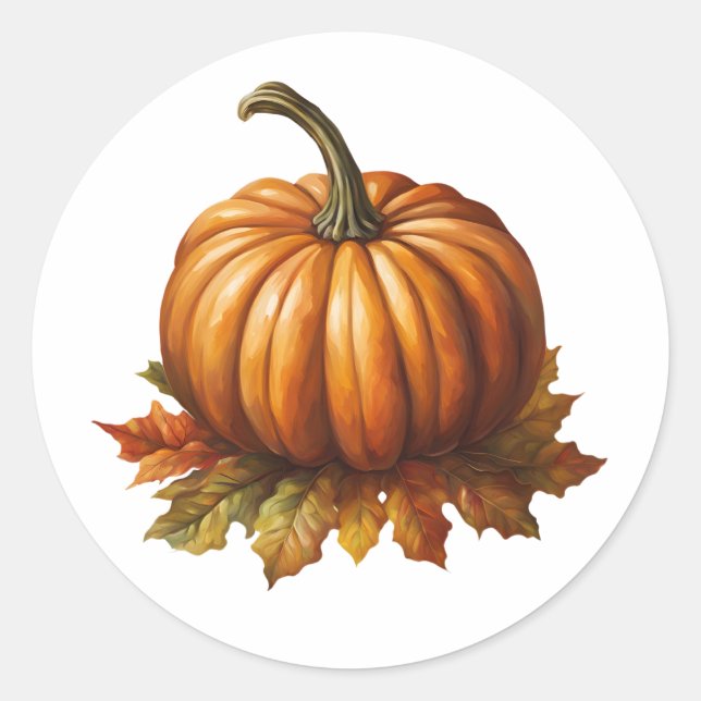 Orange Pumpkin and Autumn Leaves Classic Round Sticker (Front)