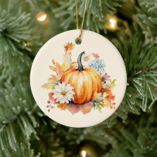 Orange Pumpkin and Flowers Autumn Ceramic Tree Decoration