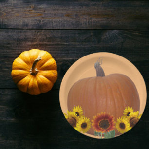 Orange Pumpkin and Sunflowers Thanksgiving   Paper Plate