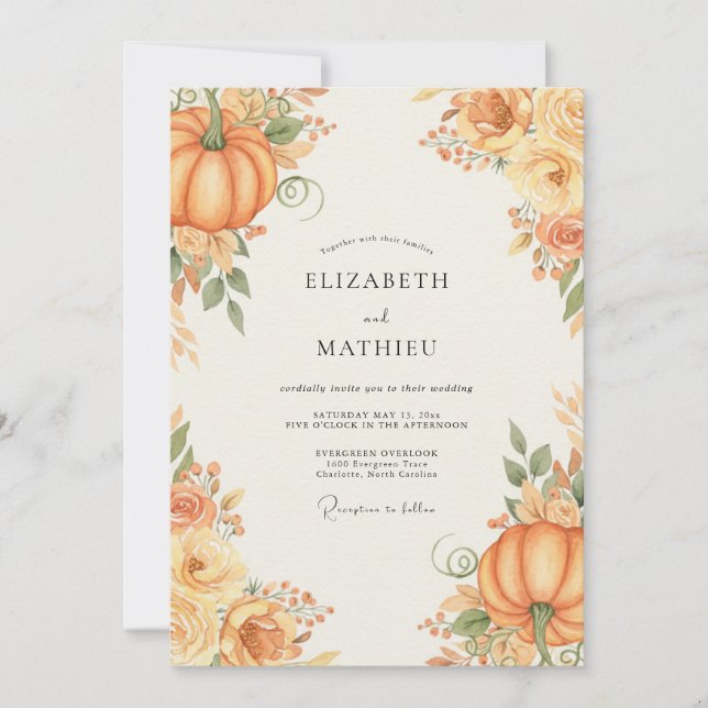 Orange Pumpkin Autumn Eucalyptus Wedding Invitation (Front)