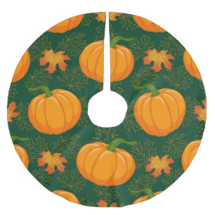 Orange Pumpkin Autumn Leaves Pattern Brushed Polyester Tree Skirt