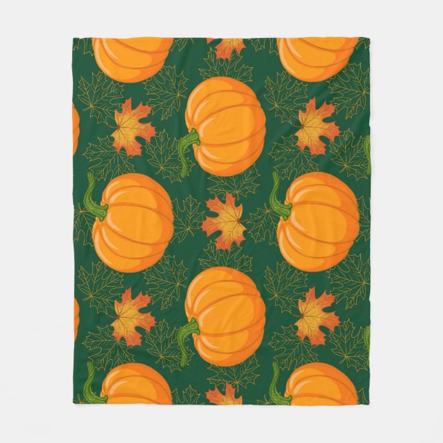 Orange Pumpkin Autumn Leaves Pattern Fleece Blanket (Front)