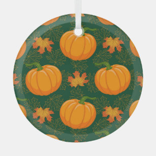 Orange Pumpkin Autumn Leaves Pattern Glass Tree Decoration