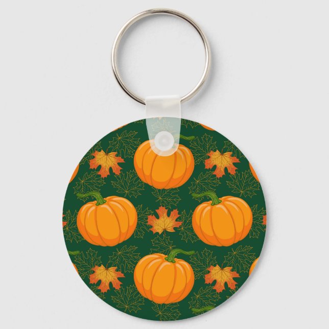 Orange Pumpkin Autumn Leaves Pattern Key Ring (Front)